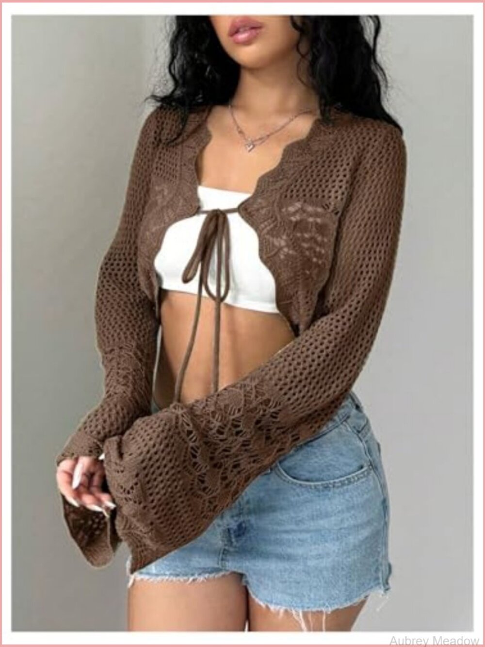 Crochet Tie Front Bell Sleeve Sweater Cardigan - Picture 3 of 5